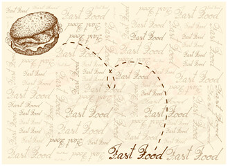 Illustration Hand Drawn Sketch of Delicious Homemade Freshly Grilled Grouper Sandwich or Layer Hamburger Buns with Lettuce and Meat with Tartar Sauce on Brown Background.
