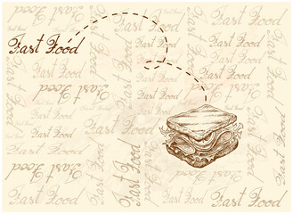 Illustration Hand Drawn Sketch of Delicious Homemade Freshly Sandwich with Bacon, Tomatoes, Lettuce and Cheese on Brown Background.
