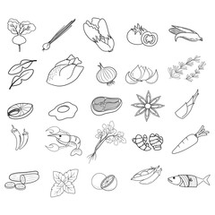 illustration set of Asian food ingredient isolated outline on white background.