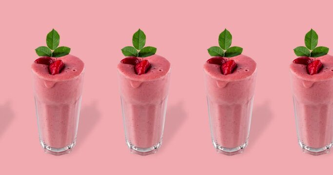 pattern of many glasses with strawberry drink and green mint animated on a pink background. coral backdrop with a refreshing summer cocktail. advertising template for menu of cafe and restaurant