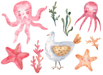 sea ​​set with jellyfish and seagull and starfish watercolor illustration on white background
