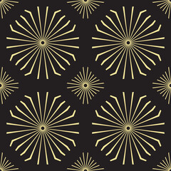 Seamless pattern with lines in the shape of diverging rays. Black and gold texture. Vintage art deco background. Simple graphic modern design.