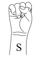 Hand gesture showing letter S on American Sign Language. Alphabetical symbol on deaf-mute language for communication. Vector illustration in outline style isolated on white background. 