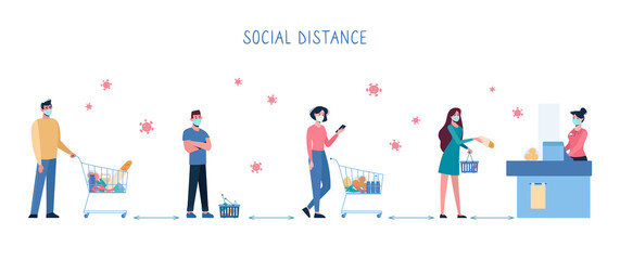 Several people standing in line to shop in supermarket and keep social distance, so as not to spread virus COVID19. Men and women stand in front of cash register, with carts. Vector flat Illustration