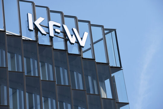 Frankfurt, Hesse / Germany - May 16, 2018: KfW logo on the roof of the headquarters in Frankfurt, Germany - KfW is a german government-owned development bank