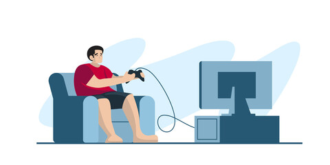 Professional gamer holding pad controller playing video game at tv screen. E-sports player, pro gamers concept. Header or footer banner template. Scalable and editable vector illustration.
