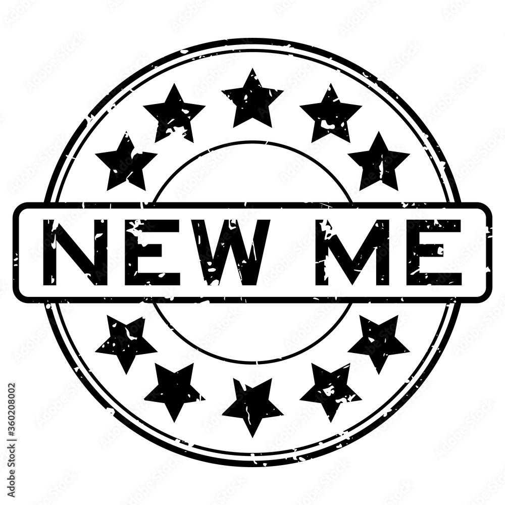 Sticker Grunge black new me word with star icon round rubber seal stamp on white background