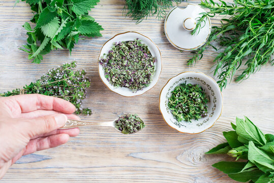 Fresh and dried herbs, lieves mix on wood table, woman hand holding spoon