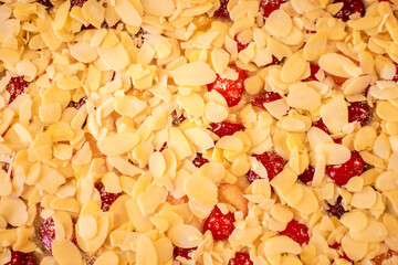 closeup of cherry pie with almond slices