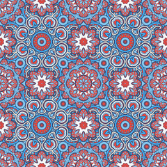 Vector laced Persian carpet. Seamless oriental pattern. Geometric tiles with mandala. Indian, Arabic festival style floral ornament. Bandanna shawl, tablecloth fabric print, scarf, kerchief design
