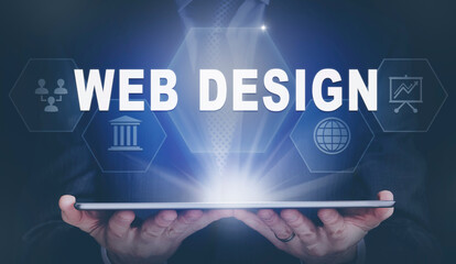 Businessman holding a computer tablet display projecting a Web Design concept.