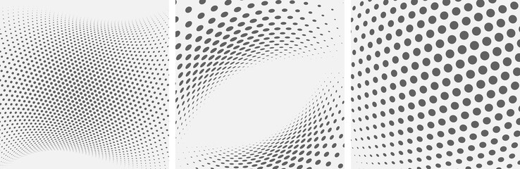 Set of dotted abstract forms. Grunge halftone vector background in black and white colors. Distressed overlay texture. Abstract pattern with circles, waves and swirls. © Amgun