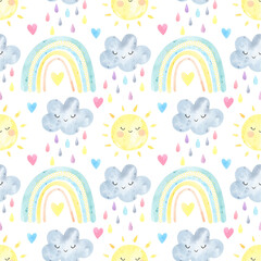 Watercolor seamless pattern cute rainbow, sun, clouds, rain. Weather, sky background, colorful, pastel colors. Digital paper, for baby textile, fabric, nursery decor.  Dream big, scandinavian print