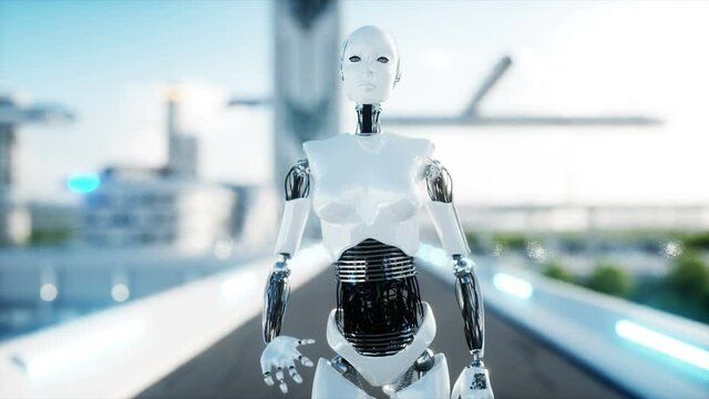 Female robot walking. Futuristic city, town. People and robots. Realistic 4K animation.