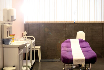 Modern cosmetologist cabinet. Interior of beauty center. Beauty industry. Selective focus