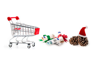 shopping cart and euro banknote with pine cone isolated on white background, Image for Christmas Holiday and Happy New Year Gift Celebration concept.