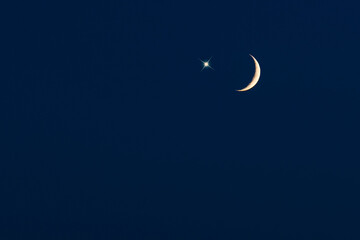 Crescent moon with star on dark-blue sky, picture for Ramadan or Ramazan - obrazy, fototapety, plakaty