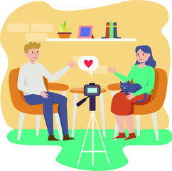 Man and woman are doing live quality talk vlog at home