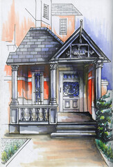 Fototapeta premium Color drawing of a cozy door. Watercolor illustration of a Belgian door in the art Deco style. For postcards, design and decoration.
