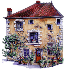 French architecture. Cozy Old French house covered with greenery and flowers in the village of Montresor.  Loire valley.  Romantic France. Watercolor drawing. For postcards, travel guides, and design.