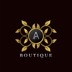 Golden A Letter Luxury Frame Boutique Initial Logo Icon, Elegance logo letter design template