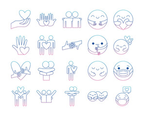 Hug and love degraded line style icon set vector design