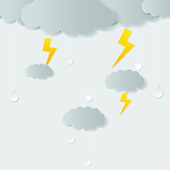 Illustration of Cloud and rain on dark background. heavy rain rainy season paper cut and craft style. vector illustration.
