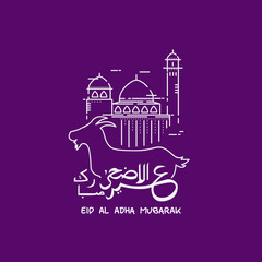 Obraz premium Line art design mosque, goat and arabian lettering eid al adha vector illustration