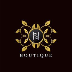 Golden N Letter Luxury Frame Boutique Initial Logo Icon, Elegance logo letter design template