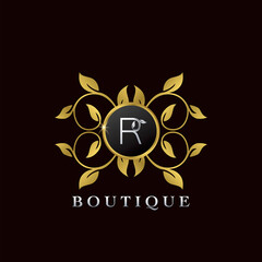 Golden R Letter Luxury Frame Boutique Initial Logo Icon, Elegance logo letter design template
