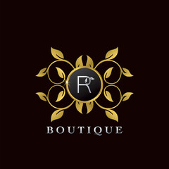 Golden R Letter Luxury Frame Boutique Initial Logo Icon, Elegance logo letter design template