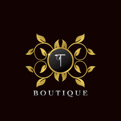 Golden T Letter Luxury Frame Boutique Initial Logo Icon, Elegance logo letter design template