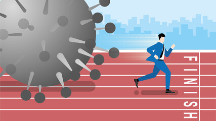 Victory concept of The business owner. Businessmen run in a race track win over COVID-19 coronavirus pandemic impact.