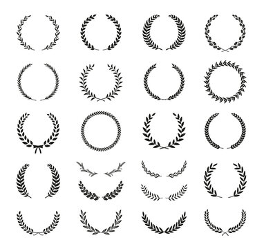 Set of different black and white silhouette round laurel foliate, wheat, oak and olive wreaths depicting an award, achievement, heraldry, nobility, emblem. Vector illustration.