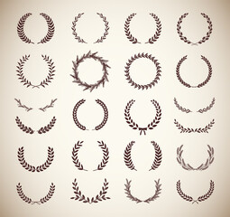 Set of different vintage silhouette laurel foliate, olive, oak and wheat wreaths depicting an award, achievement, heraldry, nobility, emblem. Vector illustration.