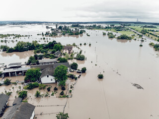 Aerial view of the flooded village of Halych, Prykarpattia, Western Ukraine. The flood on the...