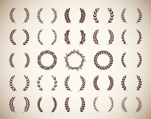 Collection of different vintage silhouette laurel foliate, olive, oak and wheat wreaths depicting an award, achievement, heraldry, nobility, emblem. Vector illustration.