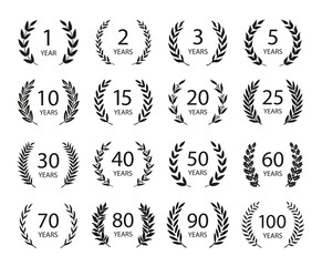 Set of anniversary laurel wreaths. Black and white anniversary symbols. 1,2,3, 5,10,15,20,25, 30,40,50,60,70,80,90,100 years. Template for award and congratulation design. Vector illustration. - obrazy, fototapety, plakaty