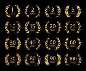 Fototapeta premium Set of anniversary laurel wreaths. Golden anniversary symbols on black background. 1,2,3,5,10,15,20,25, 30,40,50,60,70,80,90,100 years.Template for award and congratulation design Vector illustration
