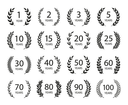 Set of anniversary laurel wreaths. Black and white anniversary symbols. 1,2,3, 5,10,15,20,25, 30,40,50,60,70,80,90,100 years. Template for award and congratulation design. Vector illustration.