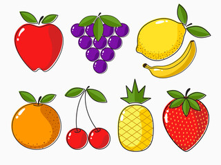 isolated cute set of simple fruits like banana, lemon, grapes, apple, strawberry, pine apple, cherries, orange. vector design.