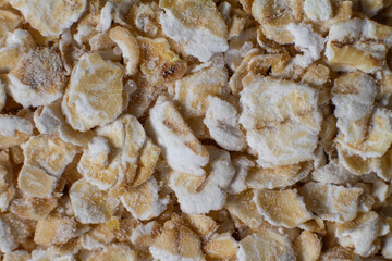 Macro photo of oatmeal. Whole grains of oats, porridge for breakfast. Gluten.