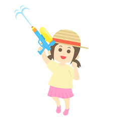 水鉄砲で遊ぶ少女のイラスト