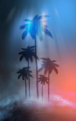 Empty dark tropical background of night sea beach, neon light, city lights. Silhouettes of tropical palm trees on a background of bright abstract sunset. Modern futuristic landscape. 3d illustration