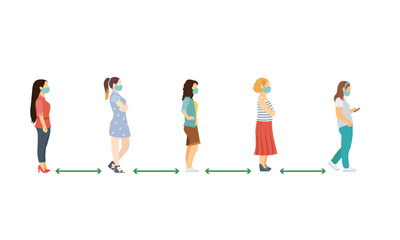 social distance. Full length of cartoon sick women in medical masks standing in line against at a safe distance of 2 meters or 6 feet. flat vector illustration