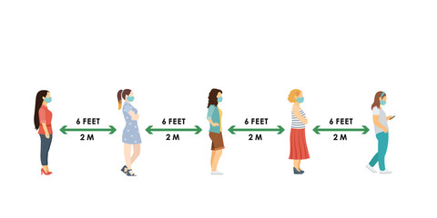 social distance. Full length of cartoon sick women in medical masks and gloves standing in line against at a safe distance of 2 meters or 6 feet. flat vector illustration