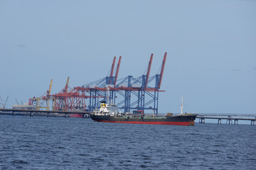Side view of the oil tanker in the sea