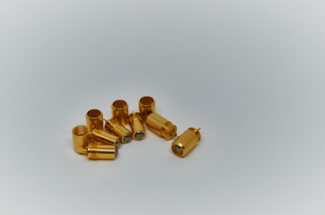 Potentiometers stand on the gray background. Many Potentiometers. Macro close up of electronic...