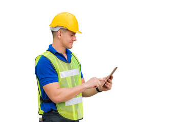 A man ware the yellow helmet and green reflection vest holding the tablet in his hand isolated on white background