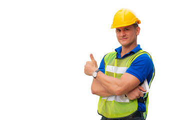 A man ware the yellow helmet and green reflection vest with thump up action isolated on white background